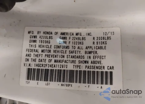 2014 Honda Accord Lx из США, поврежденный, VIN 1HGCR2F34EA112870